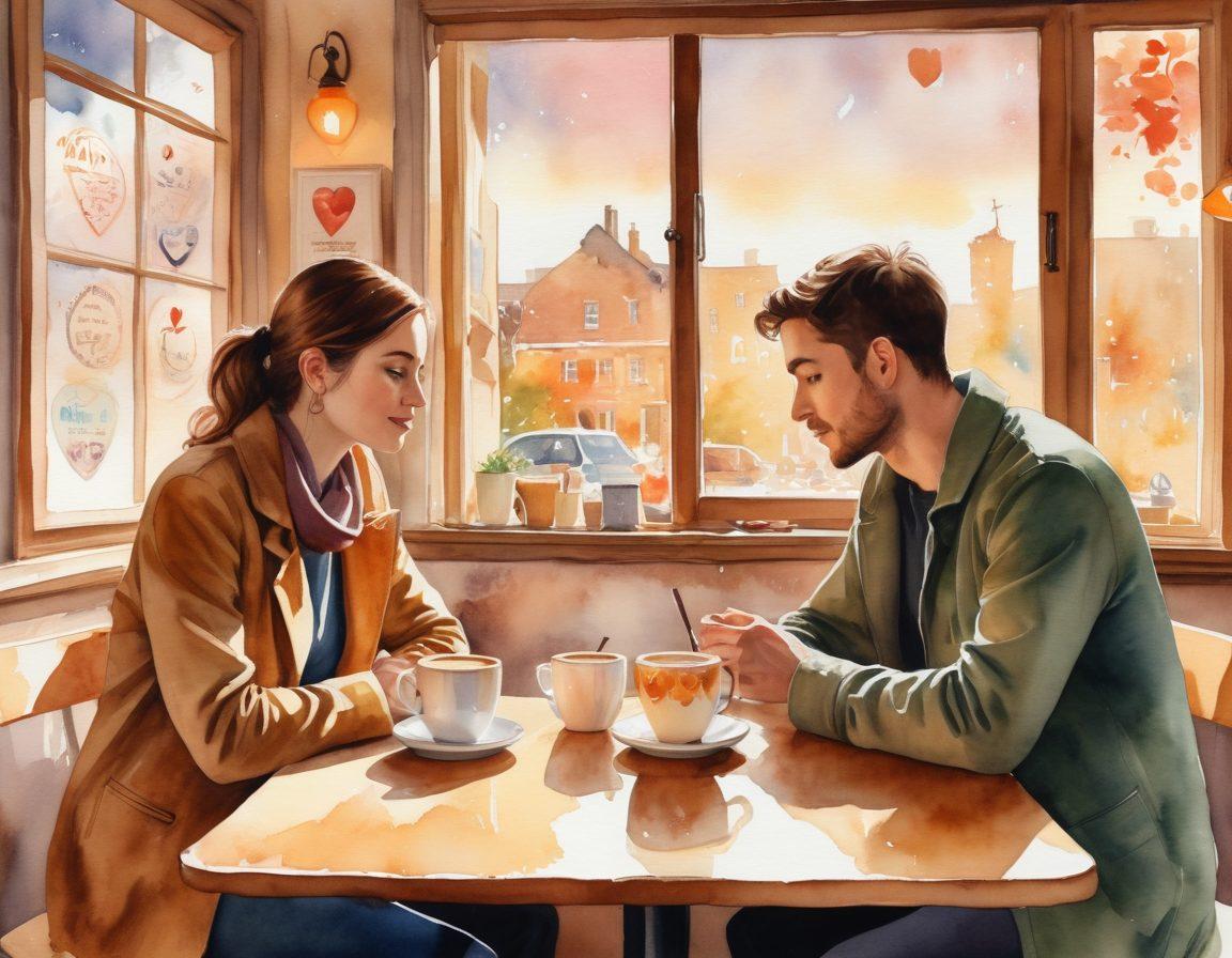 A serene scene depicting two individuals engaging in deep conversation over a cup of coffee in a cozy café, with warm lighting creating a connection atmosphere. Surround them with symbols of healthy relationships like heart shapes, books on empathy and communication scattered around. Include soft, inviting colors to enhance the feeling of comfort and companionship. artistic watercolor. warm tones. soft focus.