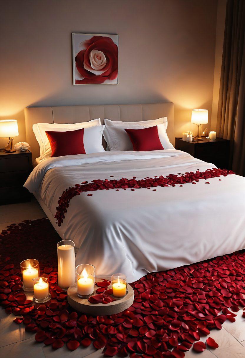 A serene bedroom setting with soft, warm lighting, featuring a couple whispering secrets to each other, surrounded by delicate rose petals and dimly lit candles. Include a stylish bed adorned with luxurious sheets and playful shadows, creating an inviting atmosphere of intimacy and trust. Enhance the scene with subtle touches like a glass of red wine and a heartfelt letter on the bedside table. 3D. soft focus. warm colors.